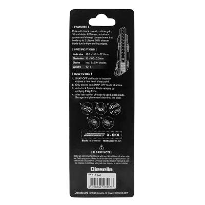 Kniv med Non-Slip gummigreb, 18 mm knivblad, Autolås og magasin med 2 ekstra knivblade